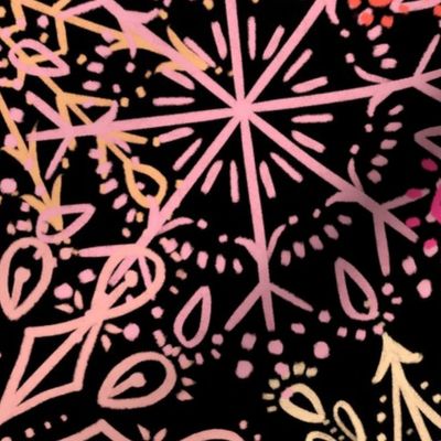 Vibrant Snowflakes - Pinks and Oranges on Black - Apricity - Happy Snowflakes - Large