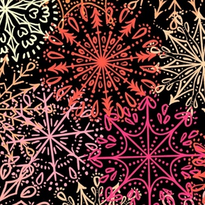 Vibrant Snowflakes - Pinks and Oranges on Black - Apricity - Happy Snowflakes - Large