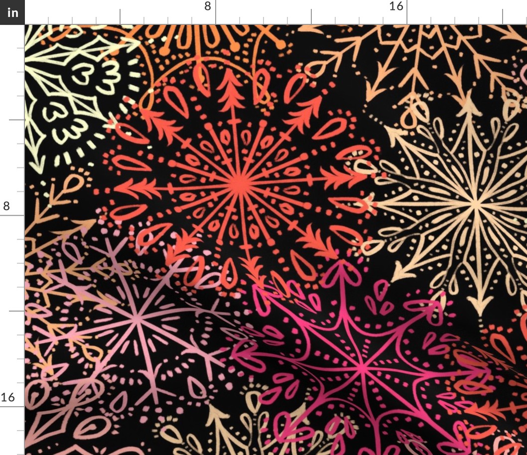 Vibrant Snowflakes - Pinks and Oranges on Black - Apricity - Happy Snowflakes - Large