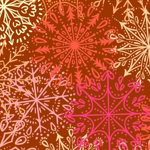 Vibrant Snowflakes - Pinks and Oranges on Brown - Apricity - Happy Snowflakes - Large