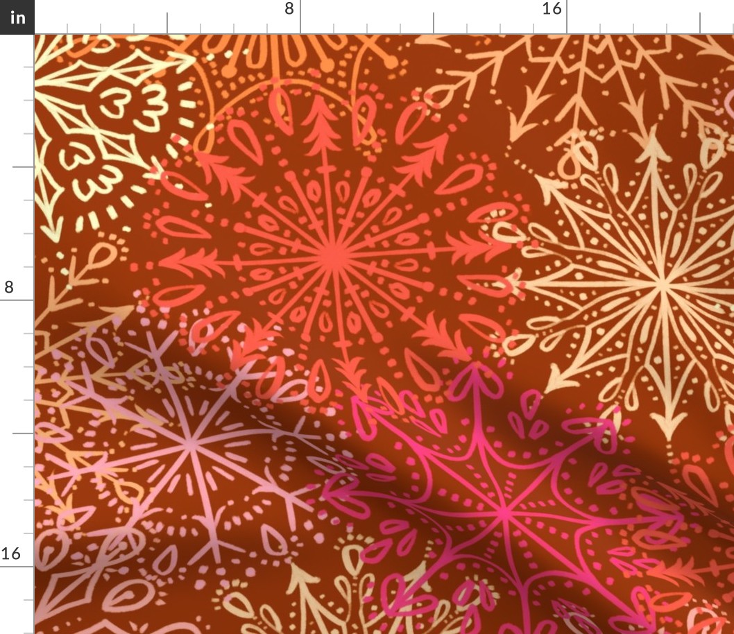 Vibrant Snowflakes - Pinks and Oranges on Brown - Apricity - Happy Snowflakes - Large