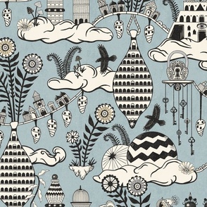 Surreal city in the sky - with folk flowers - black and cream on dusty sky blue - extra large