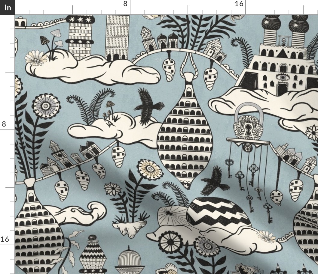 Surreal city in the sky - with folk flowers - black and cream on dusty sky blue - extra large
