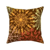 Vibrant Snowflakes - Yellow Orange Red on Brown - Apricity - Happy Snowflakes - Large