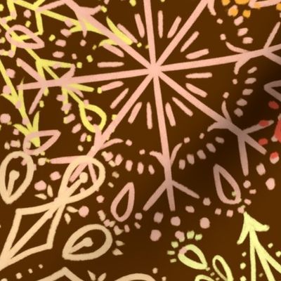 Vibrant Snowflakes - Yellow Orange Red on Brown - Apricity - Happy Snowflakes - Large