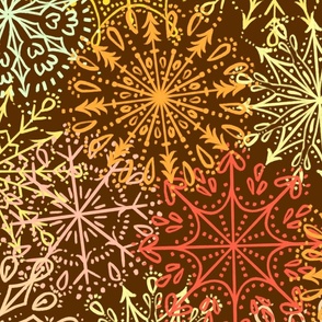 Vibrant Snowflakes - Yellow Orange Red on Brown - Apricity - Happy Snowflakes - Large