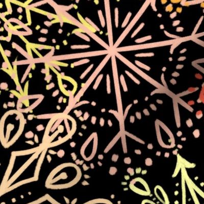 Vibrant Snowflakes - Yellow Orange Red on Black - Apricity - Happy Snowflakes - Large