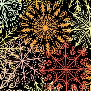 Vibrant Snowflakes - Yellow Orange Red on Black - Apricity - Happy Snowflakes - Large