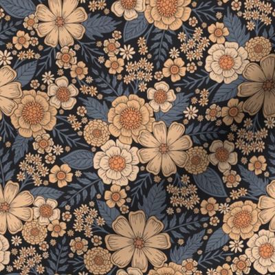 Small-Scale Floral w/ Peach & Blue-Gray Flowers