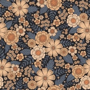 Small-Scale Floral w/ Peach & Blue-Gray Flowers