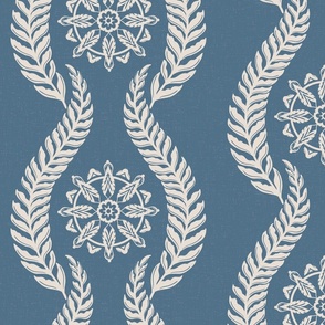 Coastal Chic - wavy botanical stripe with seaweed with nautical circle medallions  - white coffee, dusty white on Admiral Blue - large