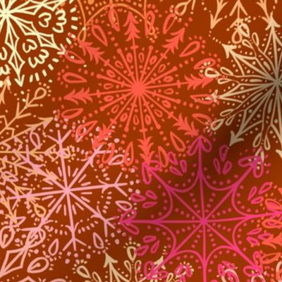 Vibrant Snowflakes - Pinks and Oranges on Copper - Apricity - Happy Snowflakes - Medium