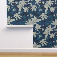 Large scale white star magnolia flowers on an indigo marbled background