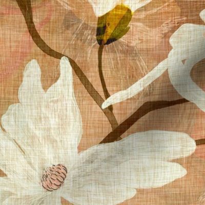 Large scale white star magnolia flowers on an earth tone marbled background