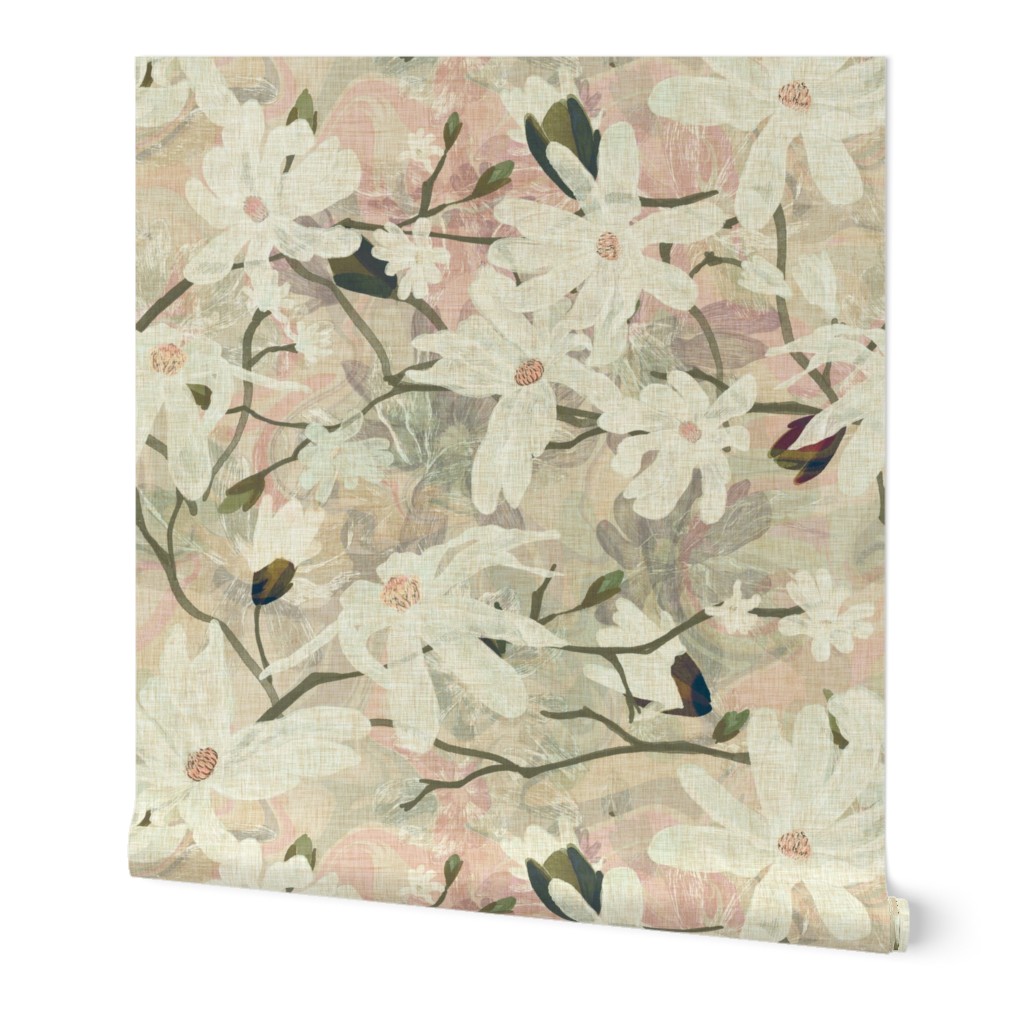 Large scale white star magnolia flowers on a cream marbled background