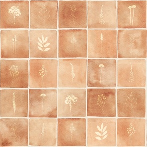 Monochrome botanical watercolor tiles muted terracotta - large scale