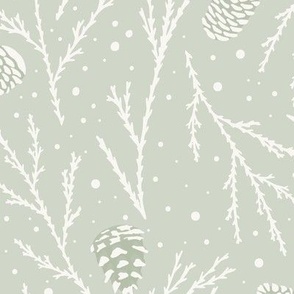 Pinecones, Snow and Branches on Sage Green - Neutral Winter Christmas