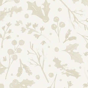 Muted Watercolor Holly Leaves, Berries and Branches in Beige, Tan, Cream - Neutral Christmas
