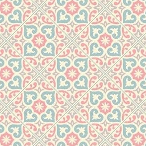 Hydraulic Floor Tile on Cream, Pastel Blue and Red