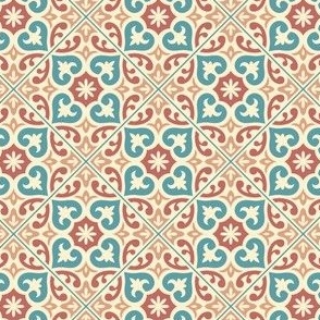 Hydraulic Floor Tile on Teal Blue and Terracota Red