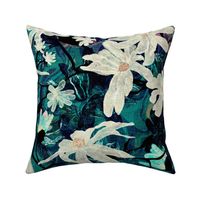 Large scale white star magnolia flowers on a dark teal marbled background
