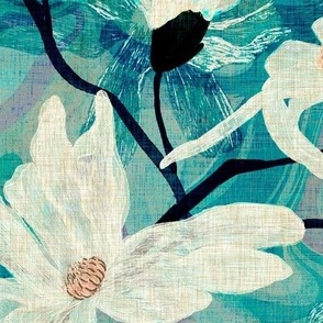 Large scale white star magnolia flowers on a teal marbled background