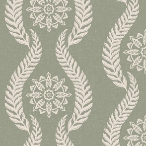 Coastal Chic - wavy botanical stripe with seaweed with nautical circle medallions  - white coffee, dusty white on lichen green - large
