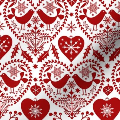 Nordic Birds And Hearts Folk Art Christmas Pattern Red On White Smaller Scale