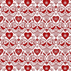 Nordic Birds And Hearts Folk Art Christmas Pattern Red On White Smaller Scale