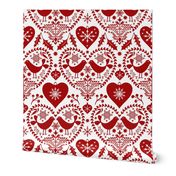 Nordic Birds And Hearts Folk Art Christmas Pattern Red On White Medium Scale
