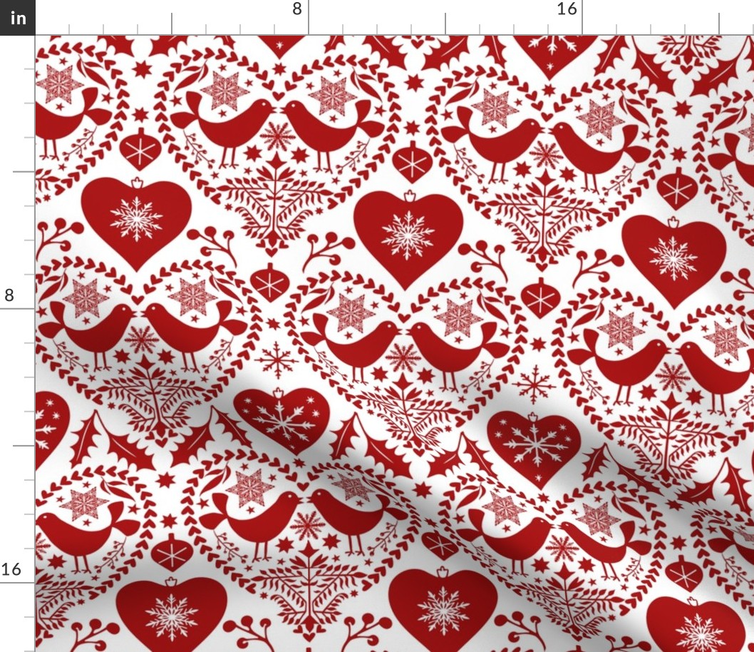 Nordic Birds And Hearts Folk Art Christmas Pattern Red On White Medium Scale