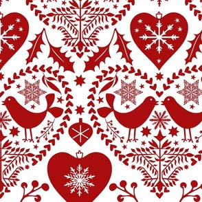 Nordic Birds And Hearts Folk Art Christmas Pattern Red On White Large Scale