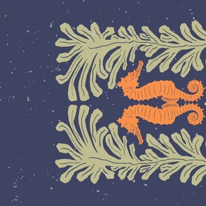 Retro Block Print Orange Seahorses with Olive Seaweed on Navy