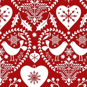 Nordic Birds And Hearts Folk Art Christmas Pattern  White On Red Large Scale