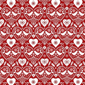 Nordic Birds And Hearts Folk Art Christmas Pattern  White On Red Smaller Scale