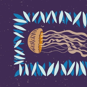 Retro Tan Jellyfish with Seaweed  Block Print Illustration on Deep Blue