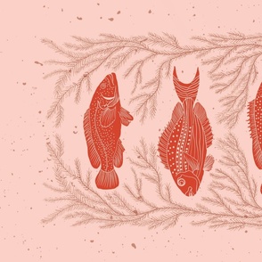 Retro  Orange Fish with Seaweed Trio Block Print Illustration on Peach