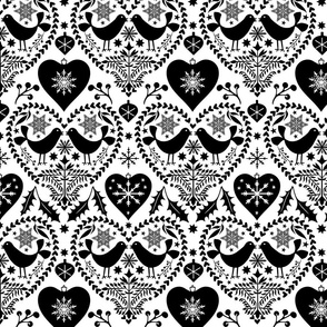 Nordic Birds And Hearts Folk Art Christmas Pattern Black On White Medium Scale