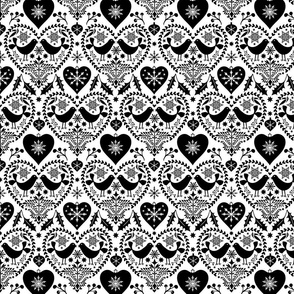 Nordic Birds And Hearts Folk Art Christmas Pattern Black On White Smaller Scale
