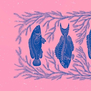 Retro Blue Fish Trio Block Print Illustration on Pink