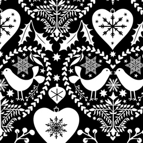 Nordic Birds And Hearts Folk Art Christmas Pattern White On Black Large Scale