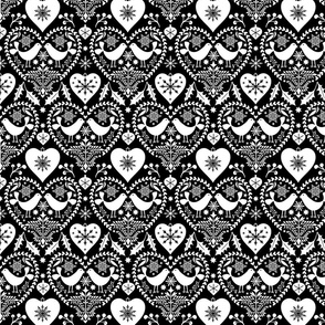 Nordic Birds And Hearts Folk Art Christmas Pattern White On Black Smaller Scale