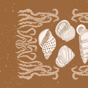 Retro Seashells and Seaweed Block Print Illustration on Soft Brown