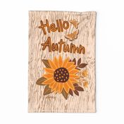 Hello Autumn Golden Sunflower with butterflies on wood grain  background