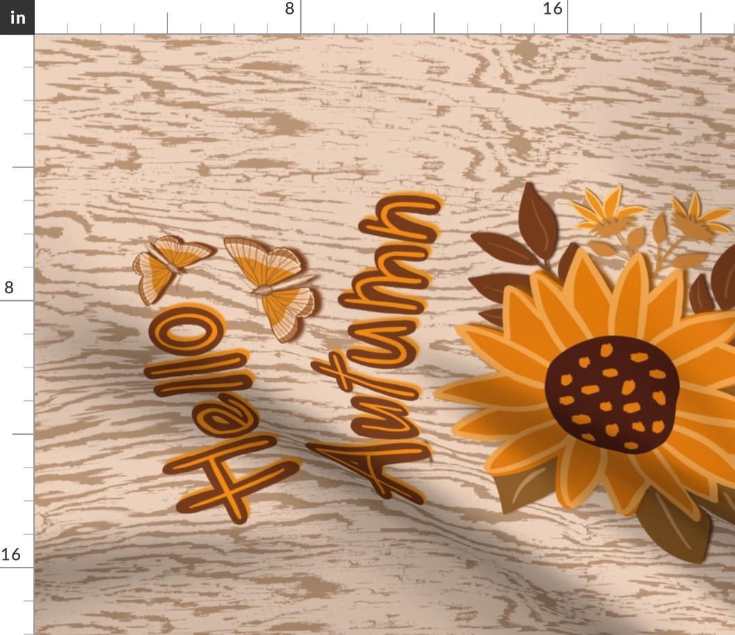 Hello Autumn Golden Sunflower with butterflies on wood grain  background