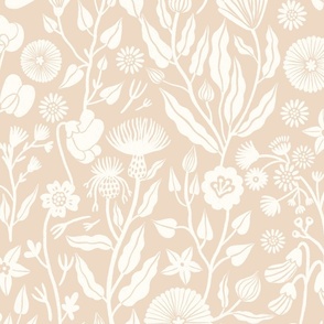 Romantic inspired white hand drawn flowers on a beige background 