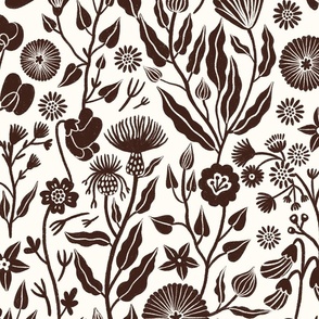 Romantic inspired dark brown hand drawn flowers on an white background 