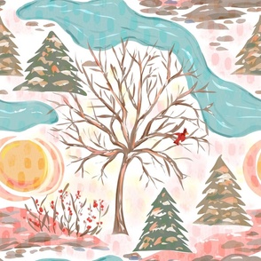 Apricity Winter Walk - Winter Landscape - Cardinal - Snowy Trees in the Sun