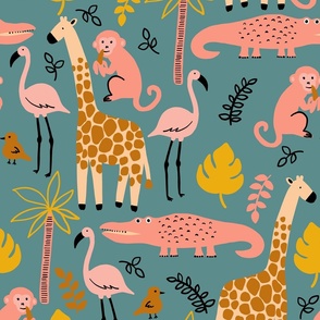 Pink Green Yellow Jungle Animals - Teal Background