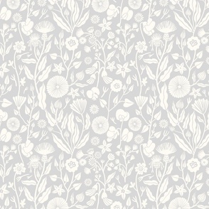 Romantic inspired white hand drawn flowers on a grey background 